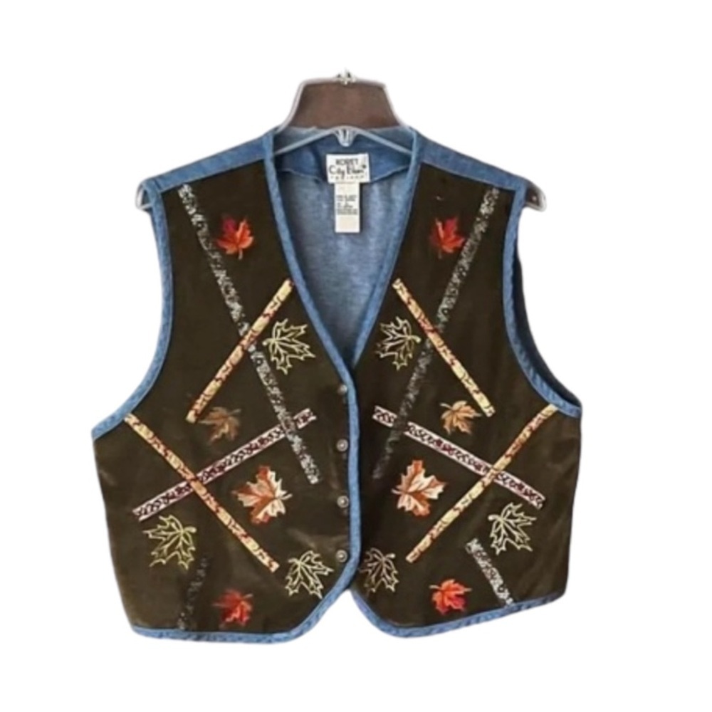 Vtg. cottagecore 80’s Koret  fall leaf denim vest / Brown front w/ leaves. SZ.L